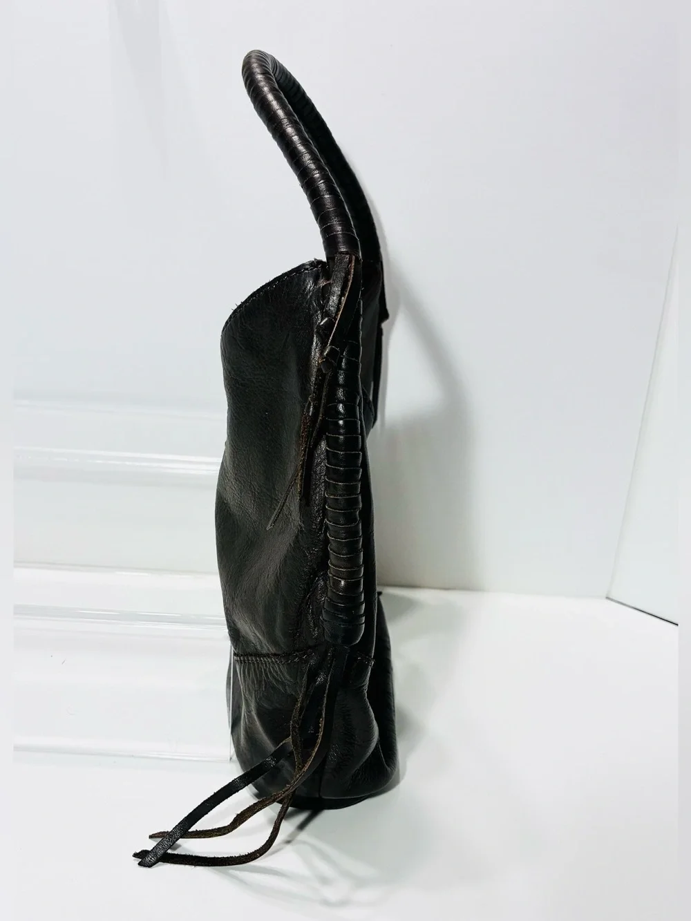 Lucky Brand Brown Embossed Feather Leather Hobo Shoulder Bag Tassels 12x7